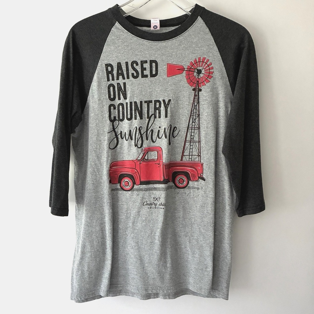 Simply Southern Raised On Country Sunshine Size M Raglan Graphic Tee Gray Black